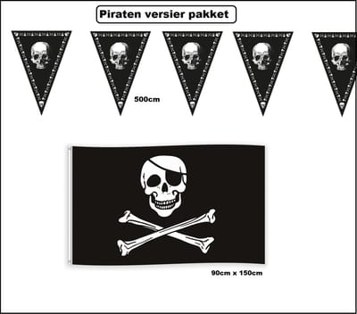Piraten versiering pakket - Vlaggenlijn Black and white Pirates 500cm + Vlag Piraat 90cm x 150cm - Piraten thema feest bones