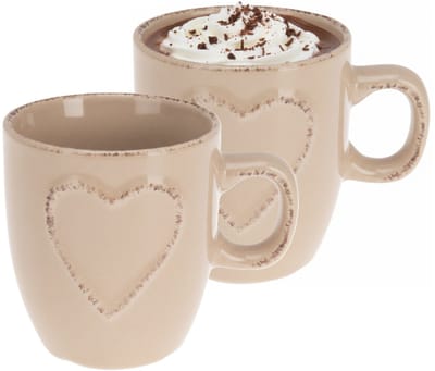 Siaki Koffiemokken set Heart - 2x - beige - 150 ml - mokken - met tekst - keramiek - giftset