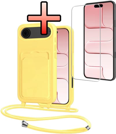 Hoes Geschikt voor iPhone Air Hoesje Pasjeshouder Cover Met Koord Case Siliconen Hoes Met Telefoonkoord en Kaarthouder Met Screenprotector - Geel