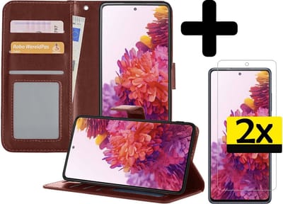 Hoesje - Met 2x Screenprotector - Geschikt voor Samsung Galaxy S20 FE - Luxe Pasjeshouder - Bookcase Portemonee - Flip Case - Kunstleer Book Case - Flipcase Hoes - Book Cover - Walletcase - Portemonneehoes - Telefoonhoesjes - Bruin