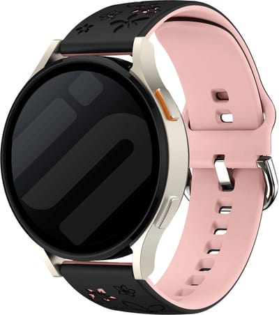 Strap-it Flower Sportbandje Siliconen 20mm – geschikt voor Samsung Galaxy Watch 7 (40mm) / Galaxy Watch 7 (44mm) / Galaxy Watch 6 Classic / Galaxy Watch 5 Pro / Galaxy Watch 4 / Galaxy Watch 3 / Watch FE – Polar Ignite 2 – Zwart / Lichtroze