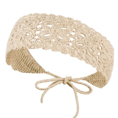 Beige gehaakte haarband met striksluiting – bohemian hoofdband van katoen – haakwerk haaraccessoire voor dames – geschikt voor festivals, zomeroutfits en dagelijks gebruik