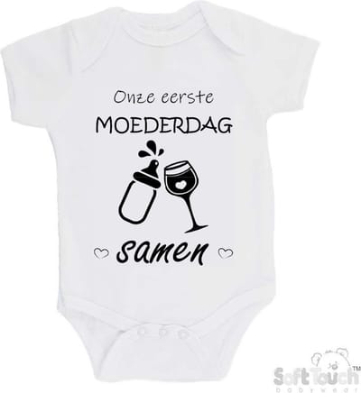 100% katoenen Romper "Onze eerste moederdag samen" Unisex Katoen Wit/zwart 56/62
