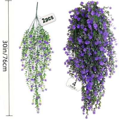 Vigne d'Eucalyptus Artificielle Suspendue avec Fleurs Blanches, Guirlande de Lierre en Plastique Résistante aux UV, Convient pour la Décoration Intérieure Extérieure, Jardin, Mariage, Fête, Ei violet