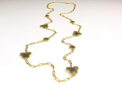 lange zilveren halsketting collier halssnoer geelgoud verguld Model Vlinder en Bol met grijze stenen