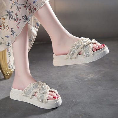 Dames Uni Kleur Parel Slippers Dames Middelhoge Hak Antislip Zachte Zool Comfortabel Dikke Bodem Strandsandalen Schoenen 39 wit