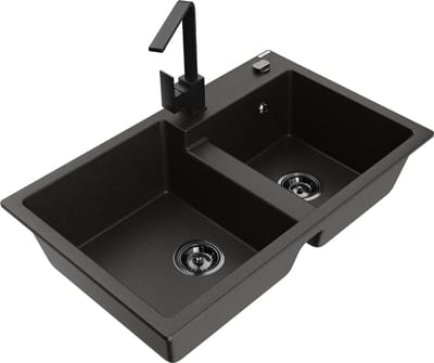 Mexen Tomas granieten spoelbak 2-kamer met keukenmengkraan Rita, zwart/gouden metallic - 6516-75-670300-70-B