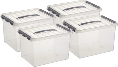 Set van 4x stuks sunware q-line opberg box/opbergdoos - 22 liter - 40 x 30 x 26 cm - kunststof - opslagbox - transparant/zilver