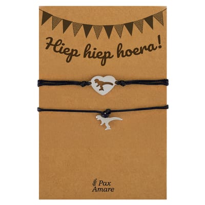Vriendschapsarmbandjes voor 2 "Hiep Hiep Hoera" - Dinos - BFF Armbandjes met Verjaardags Cadeau Kaartje - Zilverkleurig & Zwart - Elastisch Verstelbaar - Pax Amare