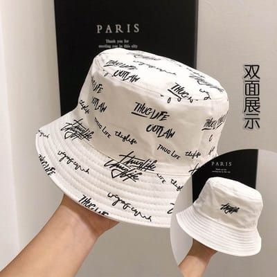 Chapeau de pêcheur pour homme Chapeau graffiti double face Printemps et été Chapeau de soleil Polyvalent Protection solaire Étudiant Chapeau pot pour femme Personnes branchées M（56-58cm） white