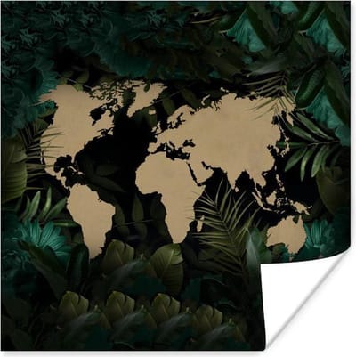 Poster 30x30 cm - Wereldkaart - Bruin - Bloemen - Posters - Kamer decoratie - Wanddecoratie woonkamer - Muurdecoratie slaapkamer
