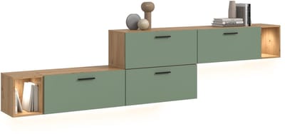 Moderne woonwand met verlichting in artisan eik en smoke green - 276 cm breed