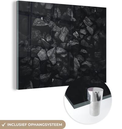 Glasschilderij zwart wit - Zwart - Wit - Stenen - Gesteente - 160x120 cm - Muurdecoratie - Decoratie slaapkamer