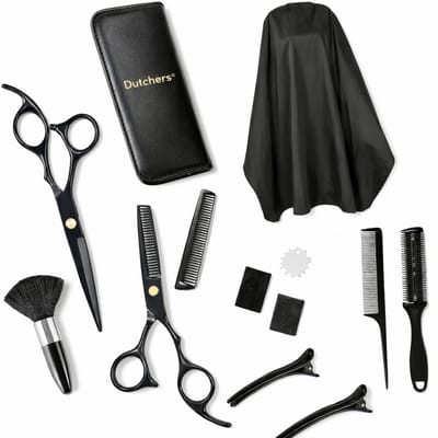 Dutchers® Kapper Spullen - 12-Delige set - Inclusief kappersmantel - Kapperschaar - Uitdunschaar - Kapperset - Haarclips - Knip- & Effileerschaar met Etui - Kamset & Kapmantel
