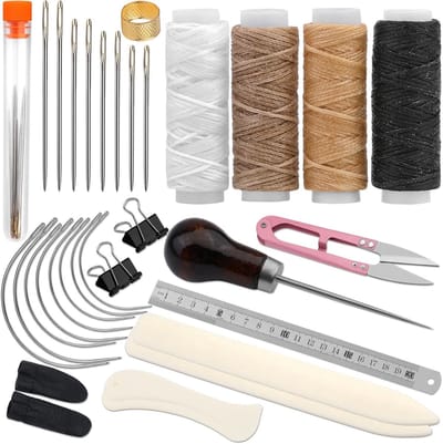 33-delige boekbindset - DIY Ledergereedschapset - inclusief 4 vouwbenen, papierplooier, boekbindbenodigdheden met boekbindnaald, gewaxte draad, stalen liniaal en priem voor boekbinden en papierknutselwerk.