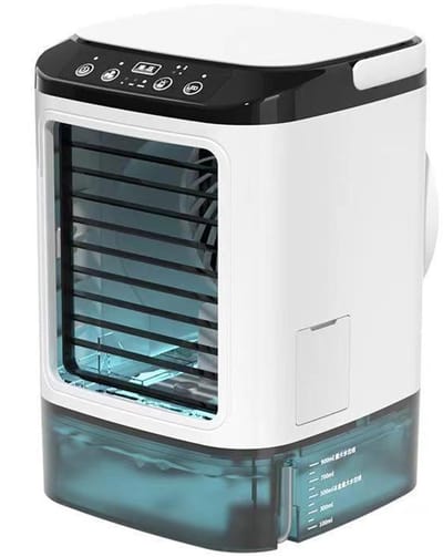 persoonlijke koeler met 2 vernevelingsstanden en verlichting in 7 kleuren, 3 snelheden en boost-modus, groot reservoir van 900 ml en ijsvak, verdampingskoeler/ventilator voor slaapkamer, kantoor, bureau en auto.