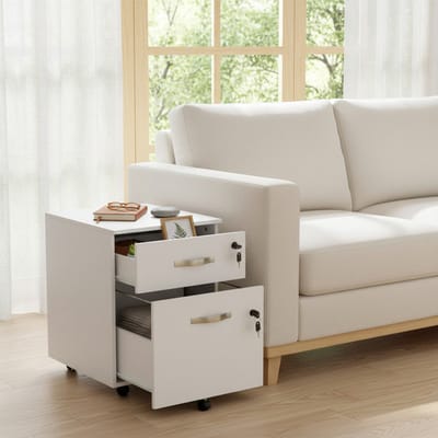 Archiefkast met 2 lades - mobiele bureaukast met 5 wieltjes - verrijdbare houten kast - smalle ladeblok / printerstandaard - Wit