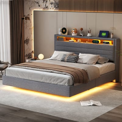 Wishdor – Gestoffeerd bed 160x200 cm – Hydraulisch – USB & LED – Draaibaar hoofdbord – Linnen grijs