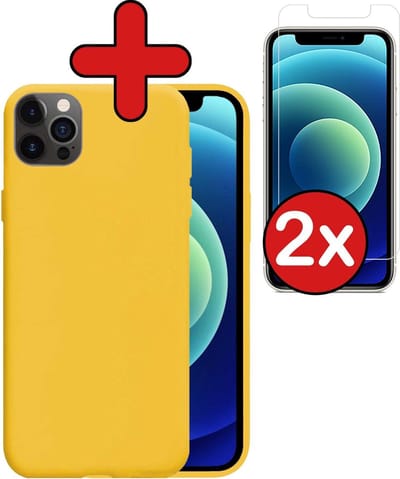 Hoesje - Met 2x Screenprotector - Geschikt voor Apple iPhone 12 Pro - Sterk & Shockproof - Telefoon Hoes - Back Cover - Siliconen Case - Telefoonhoes - Geel