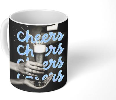Mok - Koffiemok - Cheers - Wijn - Zwart - Wit - Mokken - 350 ML - Beker - Koffiemokken - Theemok - Mok met Tekst