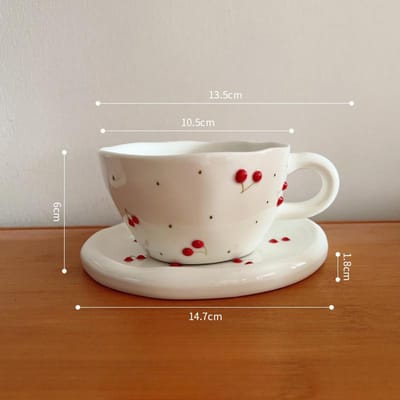 Hoge Waarde Handknijp Keramische Koffiekop Leuke Kersen Mok Huishoudelijke Waterbeker Ontbijtkop Eén Schotel Set 300ml gray