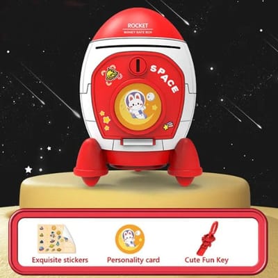 Mignon tirelire enfant avec autocollant dessin animé, forme de fusée spatiale polyvalente, boîte à espèces, boîte à monnaie en plastique, jouet cadeau pour enfants, plastique rouge