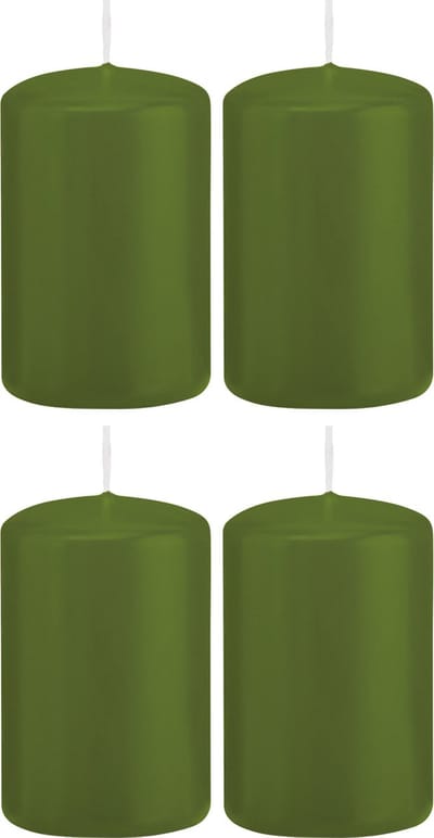 Trend Candles Cilinderkaars/stompkaars - 4x - olijfgroen - 5 x 8 cm - 18 branduren - met brandvertragende folie