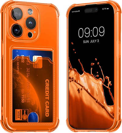 kwmobile Hoesje met kaarthouder voor Apple iPhone 15 Pro - telefoonhoesje met kaartsleuf - Soft Case - beschermhoesje in fruitig oranje / transparant