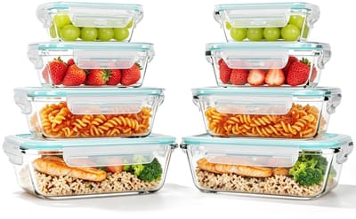 Dailygoods- Glazen Containers Set van 8 - Borosilicaatglas - Luchtdicht - Lekvrij - Voorraaddozen - 1040/640/370/180 ml - Maaltijd Prep Dozen - Voedselopslag