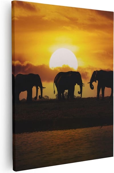 Artaza Canvas Schilderij Olifanten Kudde - 40x50 cm - Wanddecoratie Afrikaanse Dieren - Muurdecoratie Zonsondergang - Kamer Accessoires Woonkamer