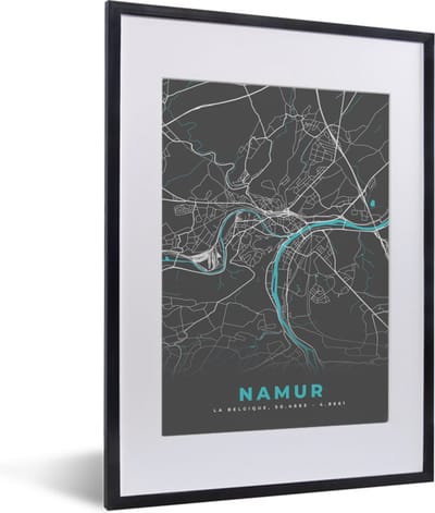 Fotolijst incl. Poster - Plattegrond – Namur – Blauw – Stadskaart - Kaart - België - 30x40 cm - Posterlijst