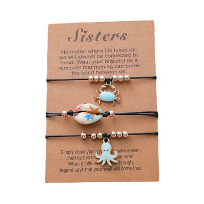 Vriendschapsarmbandjes voor 3 met Krab, Schelpjes & Octopus - Zon & Strand Blauw - Zwarte Bandjes - BFF Armbandjes op Cadeau kaartje - Pax Amare