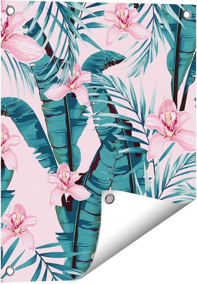 Gards Tuinposter Tropische Roze Zomer Bloemen met Bladeren - 40x50 cm - Tuindoek - Tuindecoratie - Wanddecoratie buiten - Tuinschilderij