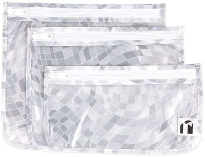 Roamio by Bumkins Clear Front Travel Bags - Reistasjes met Doorzichtig Venster - Set van 3 in 3 Formaten - Toilettasje, Make-up Etui en Reis Organizer - Met Rits - Waterdicht - Disco Check - Geruit - Grijs