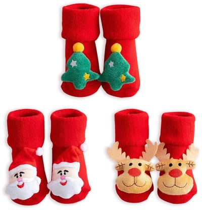 Dailygoods- Kerstsokken 3 Paar - Antislip - Voor Baby's 0-1 Jaar - Katoen - Zacht en Warm - Verschillende Kleuren - Babysokken