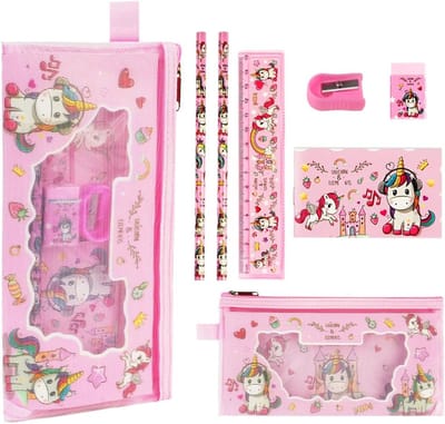 Famanu Eenhoorn briefpapier set, kinderen briefpapier geschenken set, schattig eenhoorn geschenk inclusief potlood, liniaal, gum, puntenslijper en notitieboek, eenhoorn briefpapier sets voor meisjes