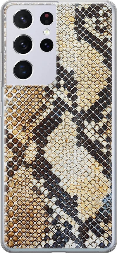 Casimoda® hoesje - Geschikt voor Samsung S21 Ultra - Snake / Slangenprint bruin - Backcover - Siliconen/TPU - Goudkleurig
