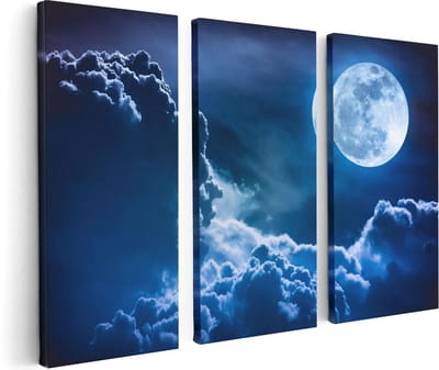 Artaza Canvas Schilderij Drieluik Volle Maan bij Wolken - 120x80 - Foto Op Canvas - Canvas Print