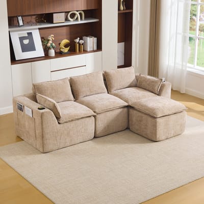 OKWISH Hoekbank 256 x 161 cm - Modulair 3-Zits Sofa Met Hocker, Kussens En Opbergvakken - Chenille - Khaki