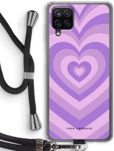 Case Company® - Hoesje met koord geschikt voor Samsung Galaxy A12 hoesje met Koord - Hart Paars - Telefoonhoesje met Zwart Koord - Bescherming aan alle Kanten en Over de Schermrand