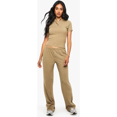 boohoo Dames Geribbelde Henley met knoopjes, korte mouwen top en broek met rechte pijpen co-ord | Kaki | Maat: 38
