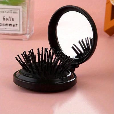 1 stuks Opvouwbare Reisspiegel Haarkam Rond Opvouwbaar Zakformaat Haarkam Mini Haarkam Compact Reisformaat Haar Massagekam voor Vrouwen Meisjes 1PC-black zwart