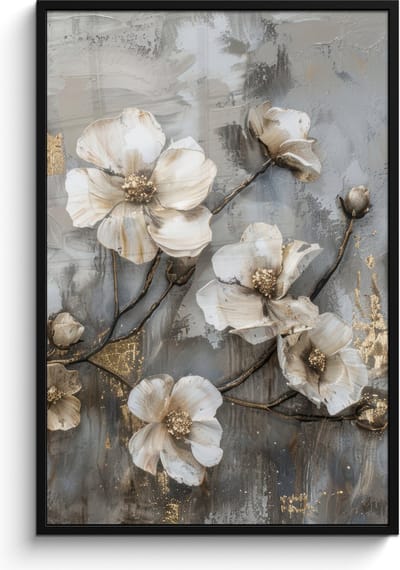 Poster in lijst - Fotolijst 80x120 cm - Posters - Bloemen - Wit - Grijs - Goud - Luxe - Posterlijst zwart - Decoratie - Wanddecoratie woonkamer - Muurdecoratie slaapkamer