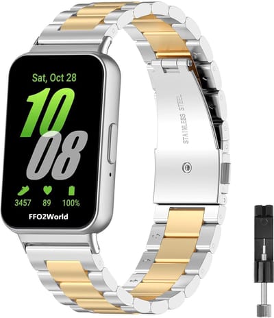 Stravo Stalen schakel bandje - geschikt voor Samsung Galaxy Fit 3 - Metalen RVS bandje - Zilver / goud (Inclusief inkort toolkit)