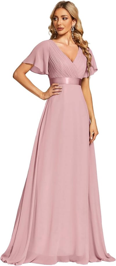 Klassieke Chiffon Bruidsmeisjesjurk V-hals Korte Mouw Plissé Taille Lang