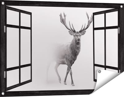 Gards Tuinposter Doorkijk Hert - Zwart Wit - 90x60 cm - Tuindoek - Tuindecoratie - Wanddecoratie buiten - Tuinschilderij