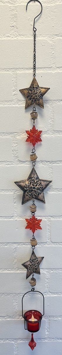 Deco theelichthouder "Kerst" met metalen ketting - Kerststerren - Zwarte ketting/ koper kleurig+ rood - lengte 105 cm - exclusief theelicht - Woondecoratie - Theelichthouder - Feestversiering - Kerst