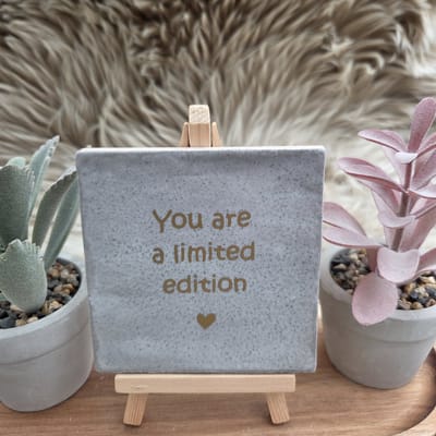 Robuust Wenstegeltje – You Are a Limited Edition – Hip trendy tegeltje – Uniek Cadeau voor Vriendin, Juf, Tante, Zus of Collega – Stijlvolle Woondecoratie met Boodschap – Trendy nu – Decoratief Tegeltje met Standaard – Cadeau Idee
