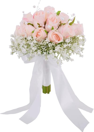 Trouwboeket bruid en bruidsmeisjes, roze kunstrozen, bruiloftsdecoratie