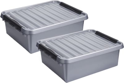 2x stuks sunware q-line opberg box/opbergdoos - 25 liter - 50 x 40 x 18 cm - kunststof - opslagbox - grijs